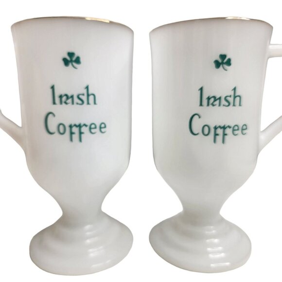 Vintage Irish Coffee Milk Glass Mugs Footed Pedestal Shamrocks Gold Rim Lot of 2 - Picture 2 of 6